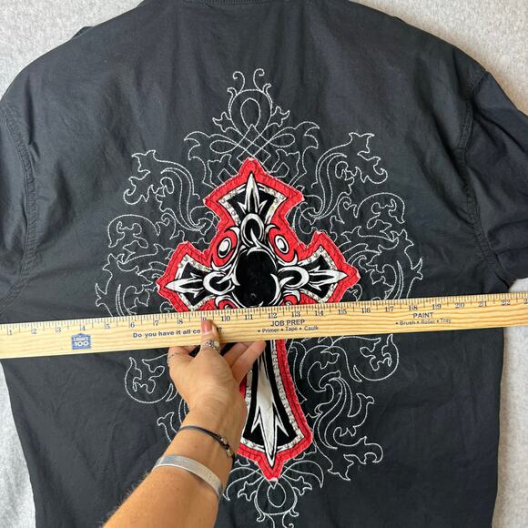 Attitude Studded Button Down Shirt Mens Sz Lg Y2K Black Cross Embroidered Punk - Picture 6 of 9